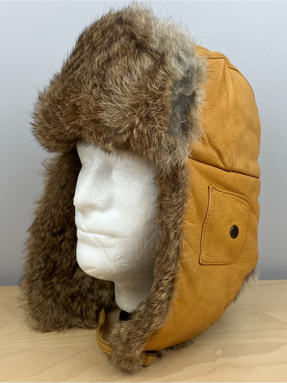 Mad Bomber Leather Rabbit Fur Lined Winter Trapper Hat Yellow Size Large